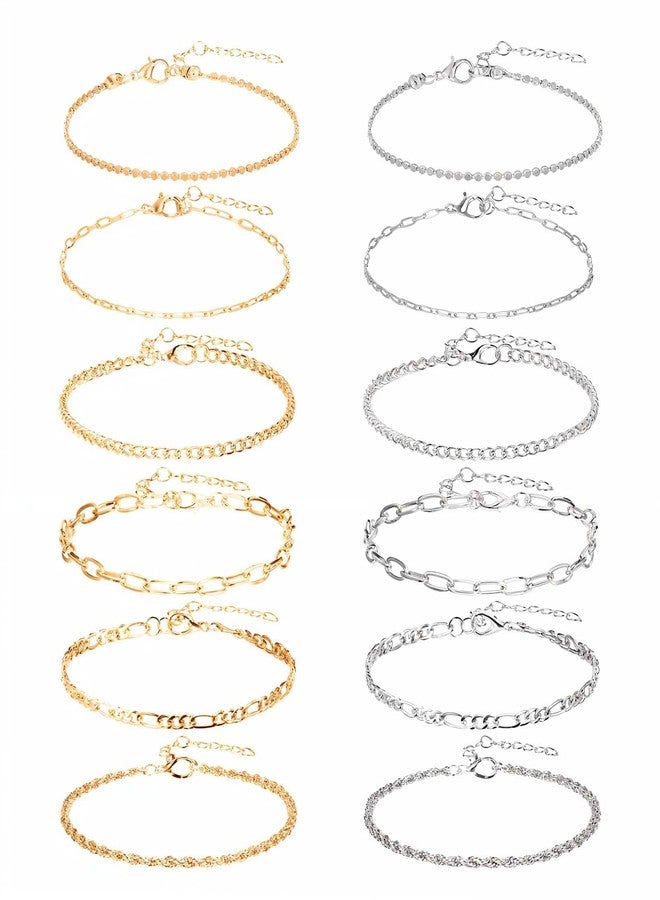 KFHENSOMR 12pcs Gold/Silver Ankle Bracelets for Women Layered Waterproof 14k Cuban Link Chain Anklets Set Adjustable Dainty Summer Beach Gold Accessories Boho Bracelet Jewelry - Image 1